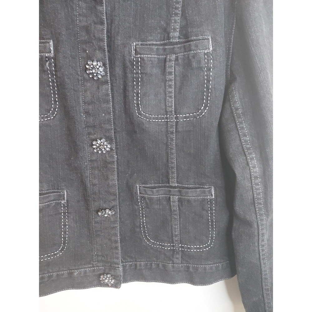 Chico's denim rhinestone flowered Jacket Sz 2 Black classic Boho Feminine Y2k - Picture 3 of 9